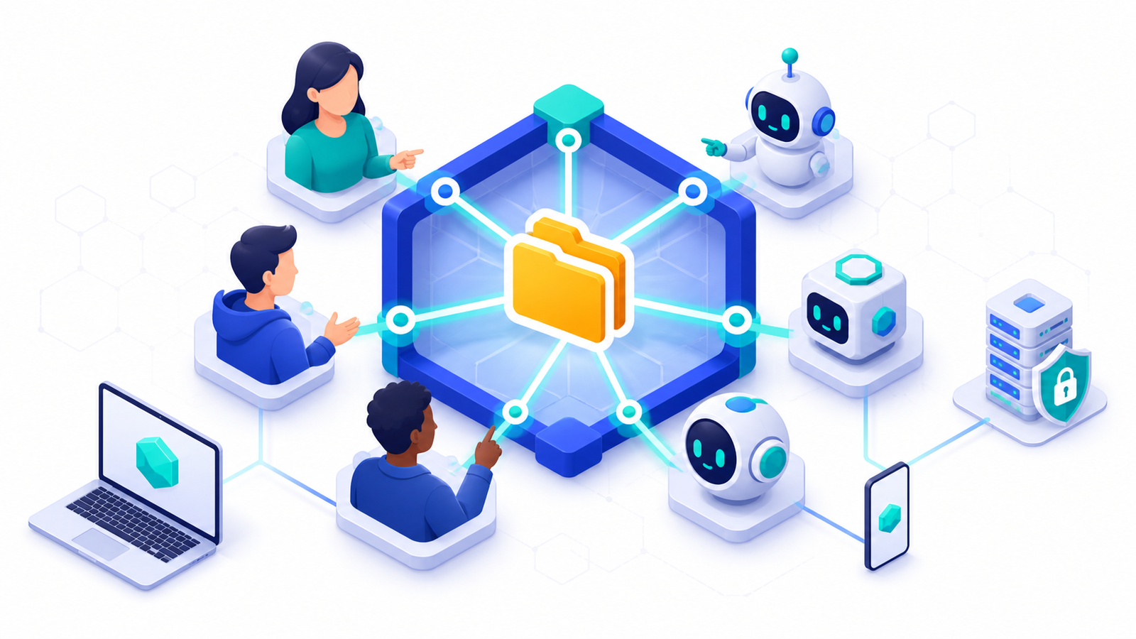 A person connecting from phone and laptop, through a secure hub, to multiple AI agents each working in their own project folder